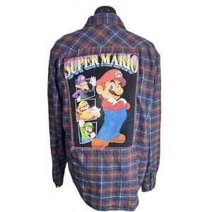 Super Mario Upcycled Plaid Shirt | Retro Gamer Button-Up | Unisex Ti_the_Artiste